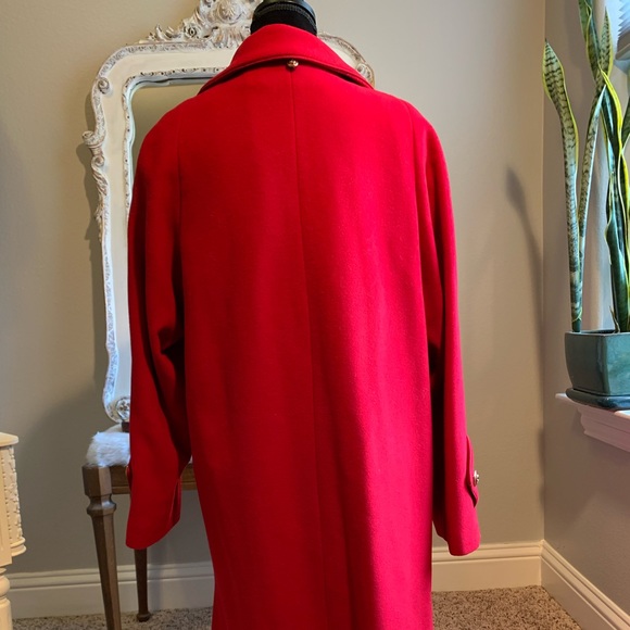 Dennis Basso Red Wool Cashmere Blend Coat Faux Fur Hood with Scarf Size Medium - Picture 2 of 12